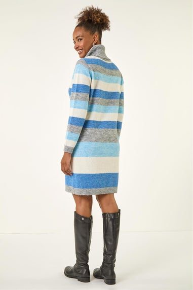 Roman Blue Stripe Cowl Neck Knit Dress