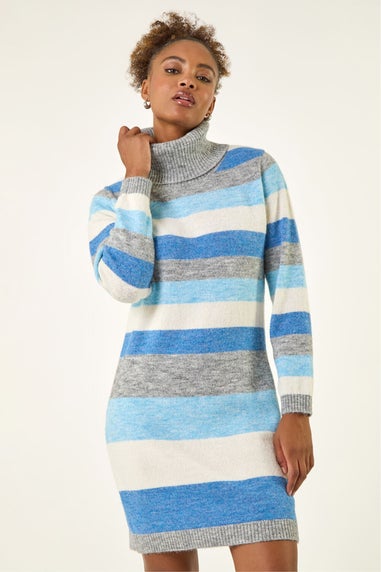 Roman Blue Stripe Cowl Neck Knit Dress