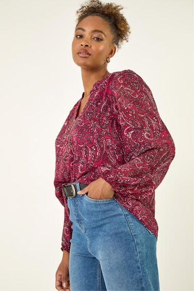 Roman Red Paisley Print Zip Front Top