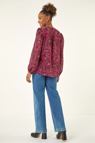 Roman Red Paisley Print Zip Front Top