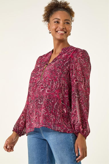 Roman Red Paisley Print Zip Front Top