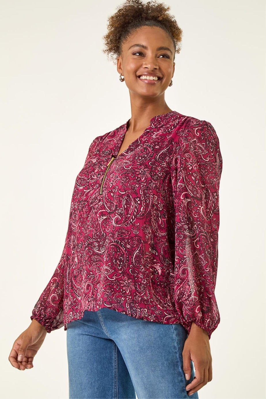 Roman Red Paisley Print Zip Front Top