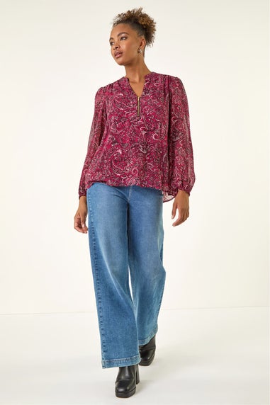 Roman Red Paisley Print Zip Front Top