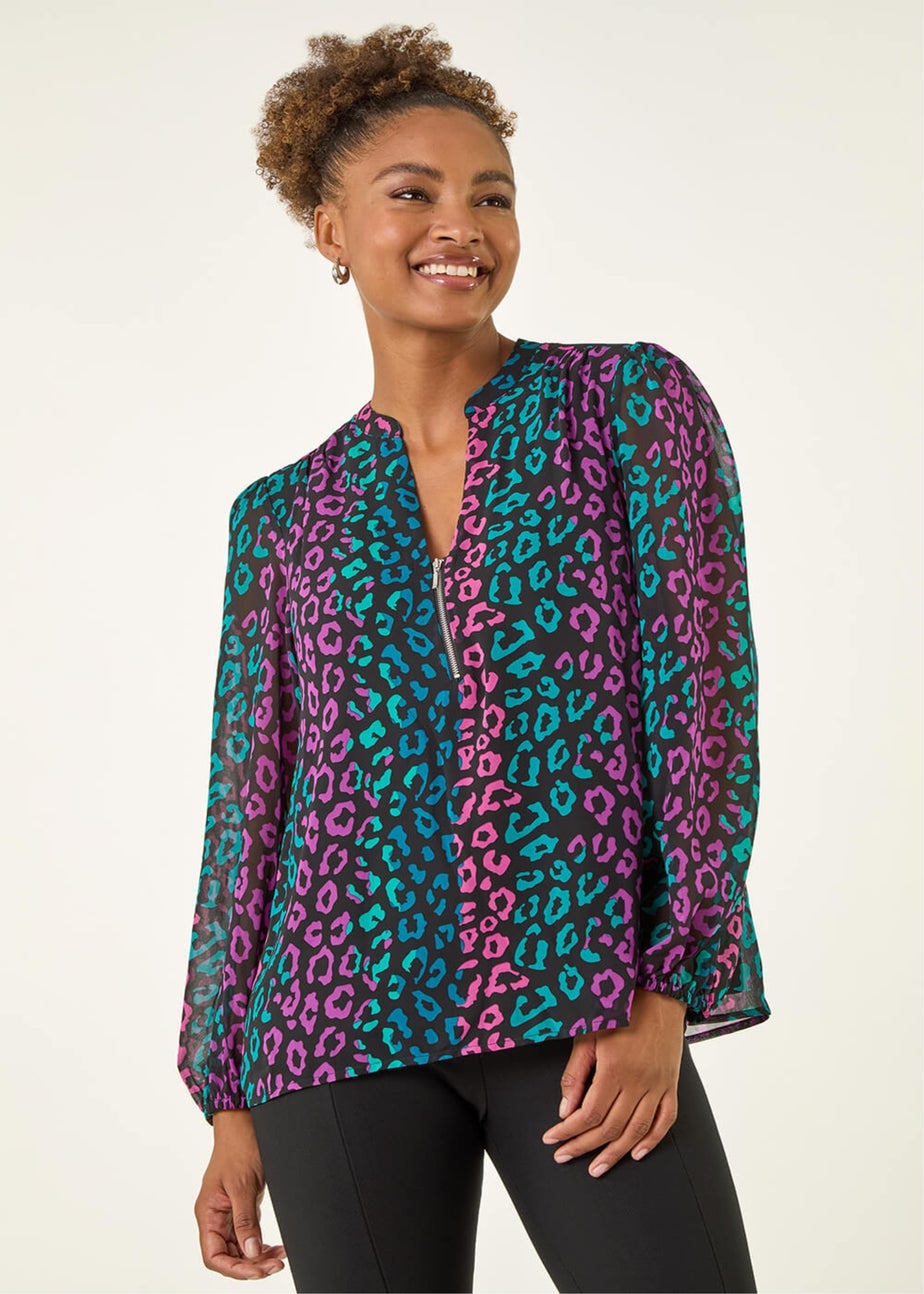 Roman Teal Animal Print Zip Front Top