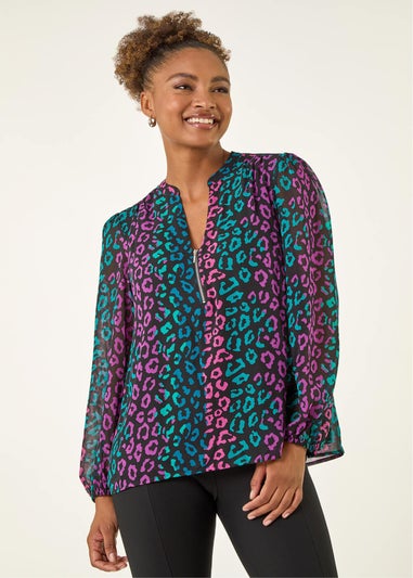 Roman Teal Animal Print Zip Front Top