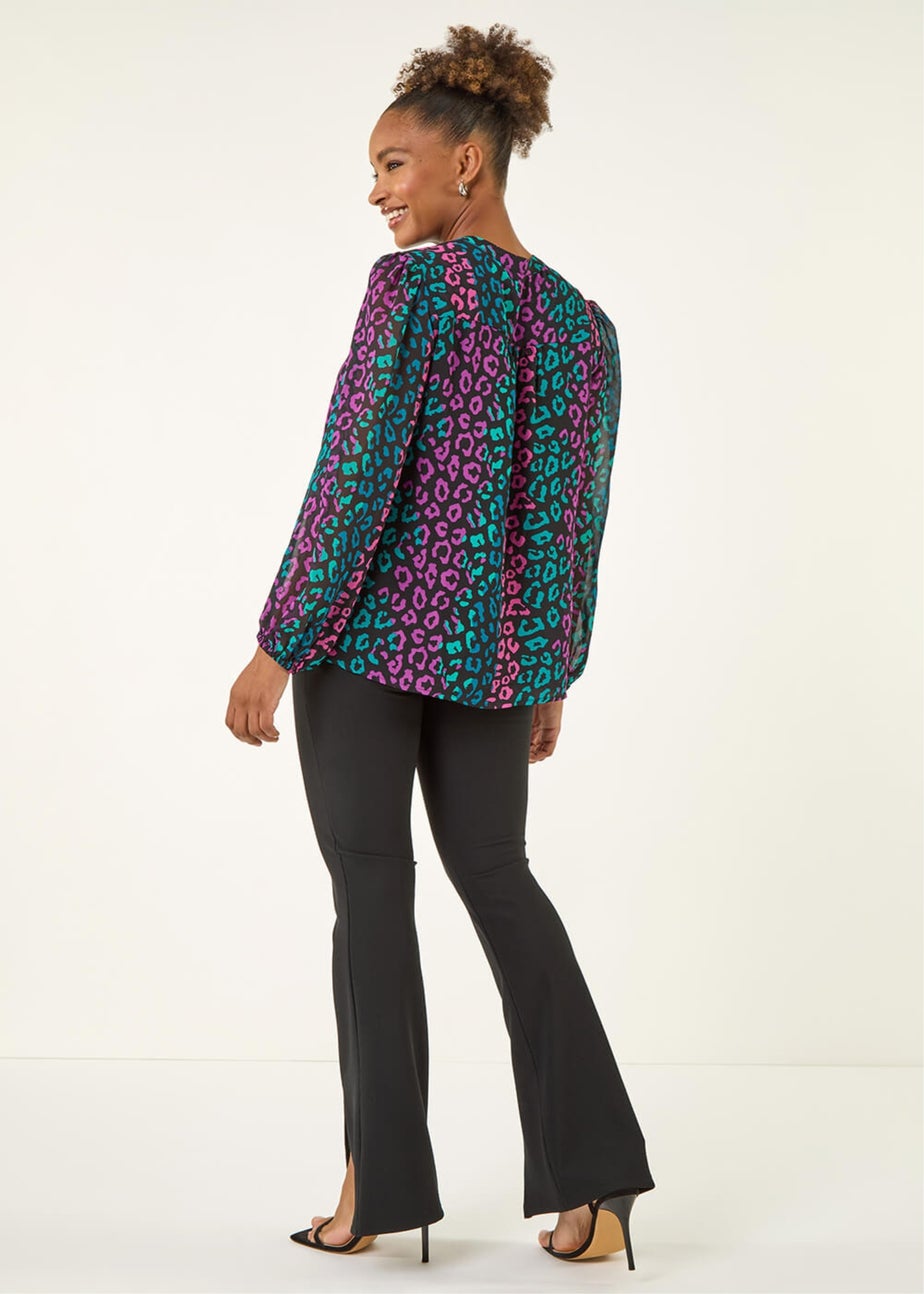 Roman Teal Animal Print Zip Front Top