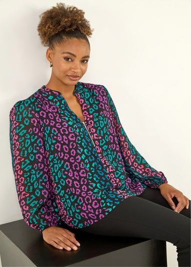 Roman Teal Animal Print Zip Front Top