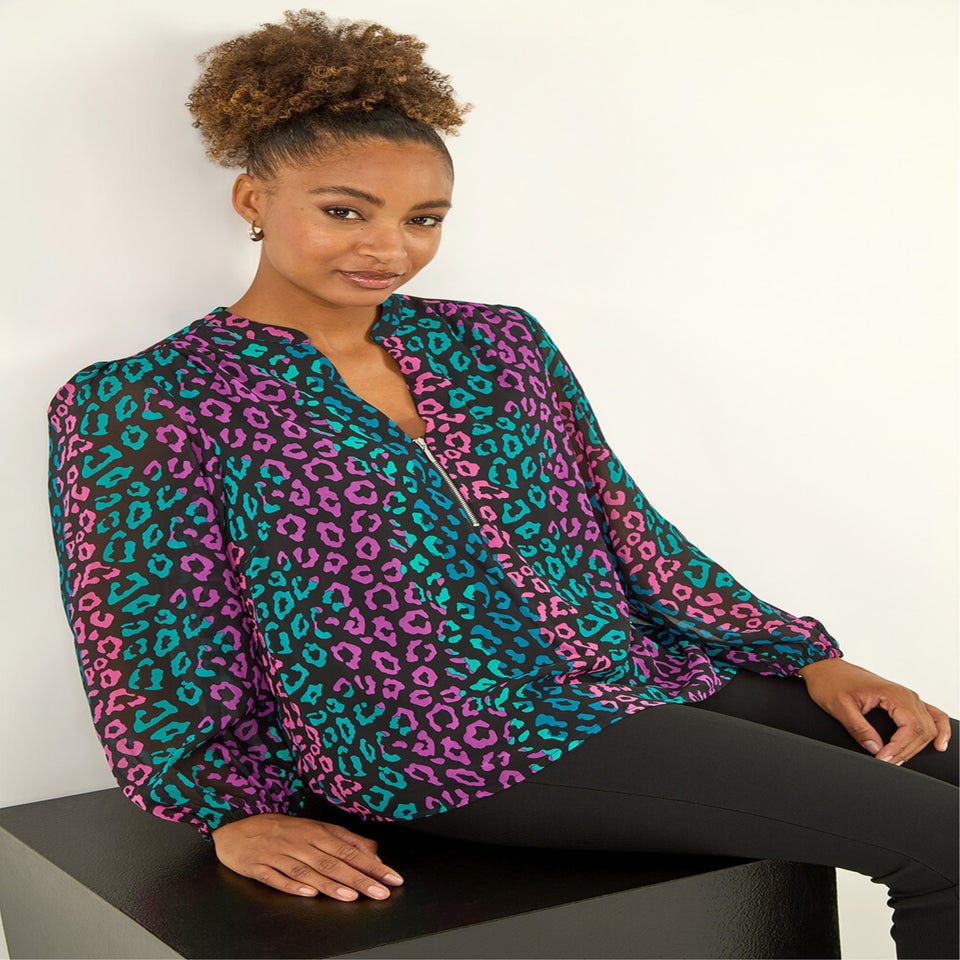 Roman Teal Animal Print Zip Front Top