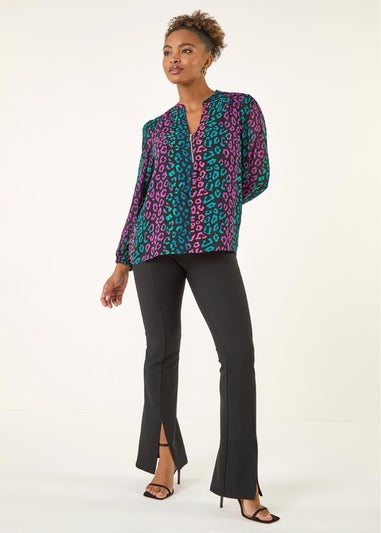 Roman Teal Animal Print Zip Front Top