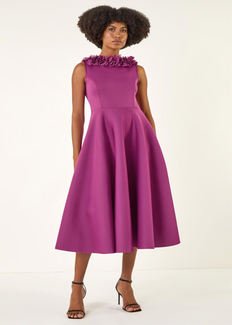 Roman Magenta Chiffon Flower Trim Premium Stretch Dress