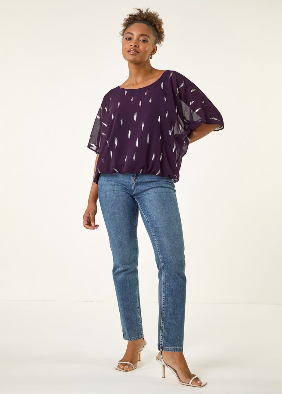 Roman Purple Foil Print Bubble Hem Top