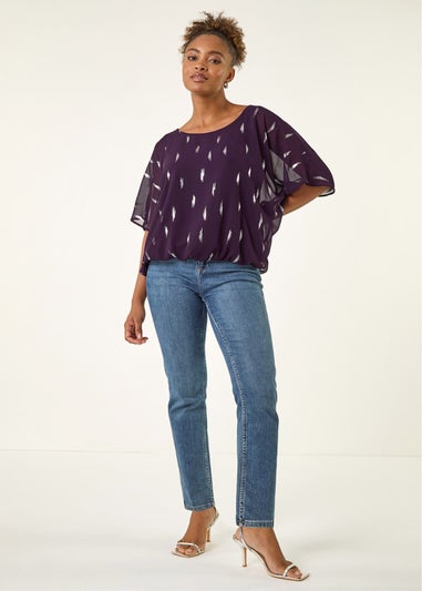 Roman Purple Foil Print Bubble Hem Top