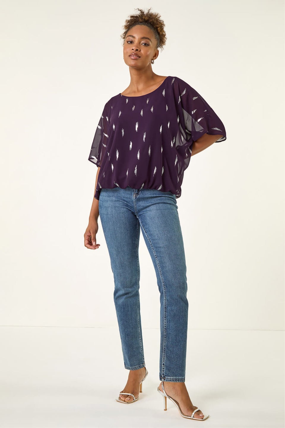 Roman Purple Foil Print Bubble Hem Top