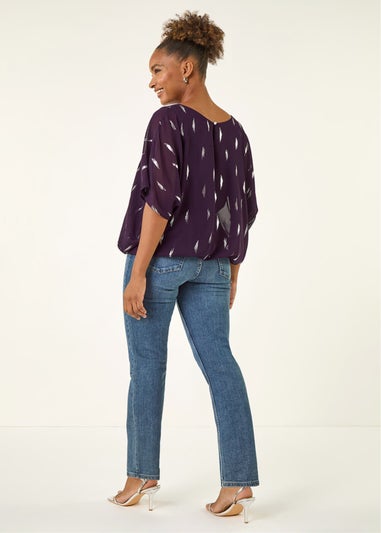 Roman Purple Foil Print Bubble Hem Top
