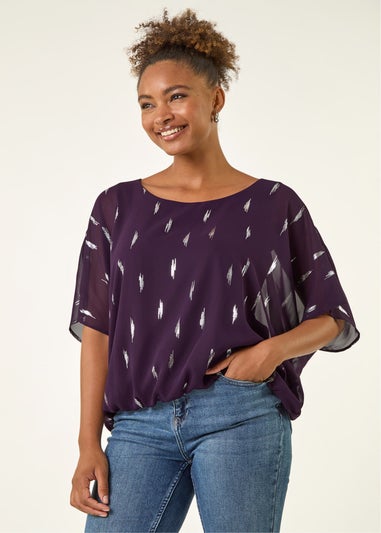 Roman Purple Foil Print Bubble Hem Top