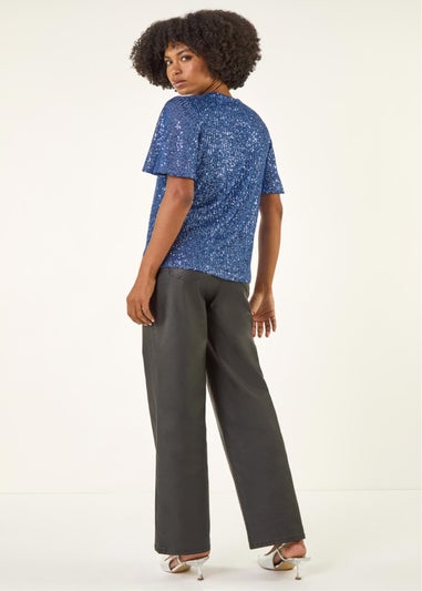 Roman Blue Sequin Tie Neck Top