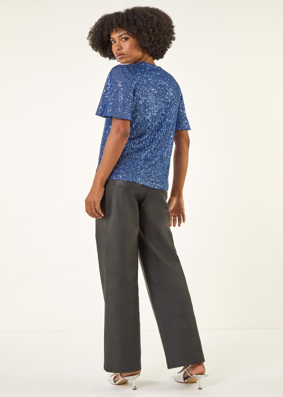 Roman Blue Sequin Tie Neck Top