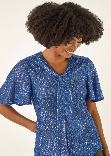 Roman Blue Sequin Tie Neck Top