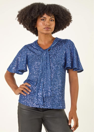 Roman Blue Sequin Tie Neck Top