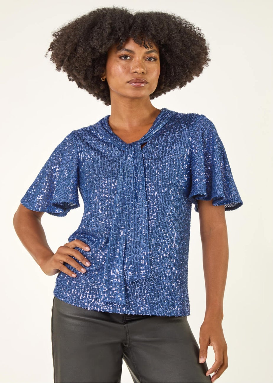 Roman Blue Sequin Tie Neck Top