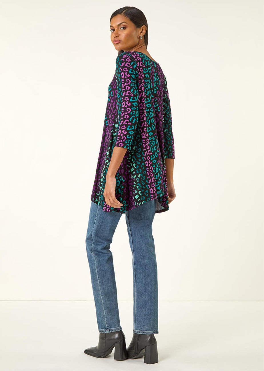 Roman Teal Animal Print Hanky Hem Stretch Top