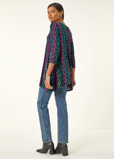 Roman Teal Animal Print Hanky Hem Stretch Top