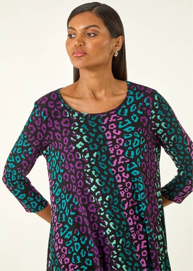 Roman Teal Animal Print Hanky Hem Stretch Top