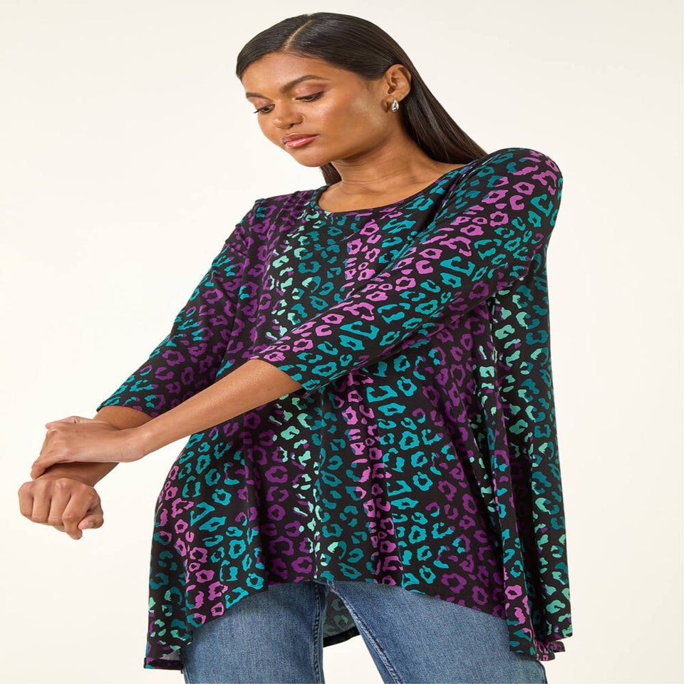 Roman Teal Animal Print Hanky Hem Stretch Top