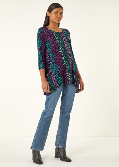 Roman Teal Animal Print Hanky Hem Stretch Top