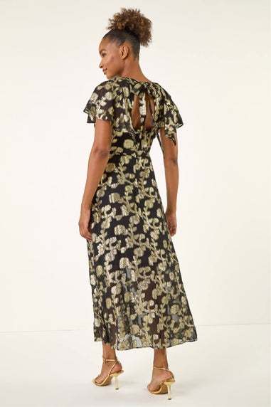 Roman Black Burnout Floral Frill Midi Dress