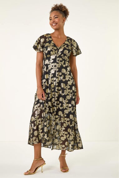 Roman Black Burnout Floral Frill Midi Dress