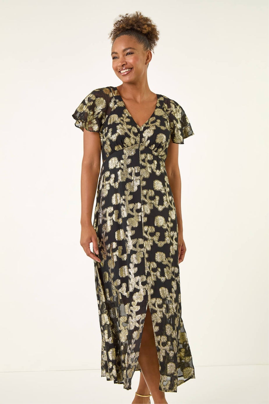 Roman Black Burnout Floral Frill Midi Dress