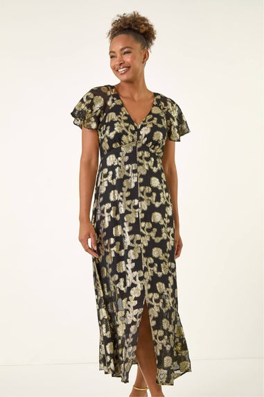 Roman Black Burnout Floral Frill Midi Dress