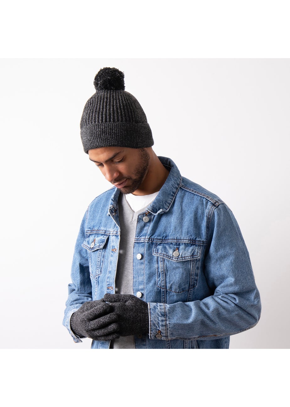 Totes Isotoner Black Grey Hat & Glove Gift Set