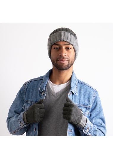Totes Isotoner Charcoal Chunky Knitted Hat & Gloves Gift Set