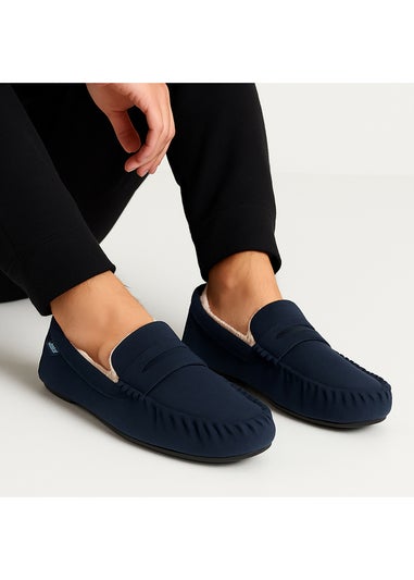 Totes Isotoner Navy Suedette Moccasin Slipper With Faux Fur Lining