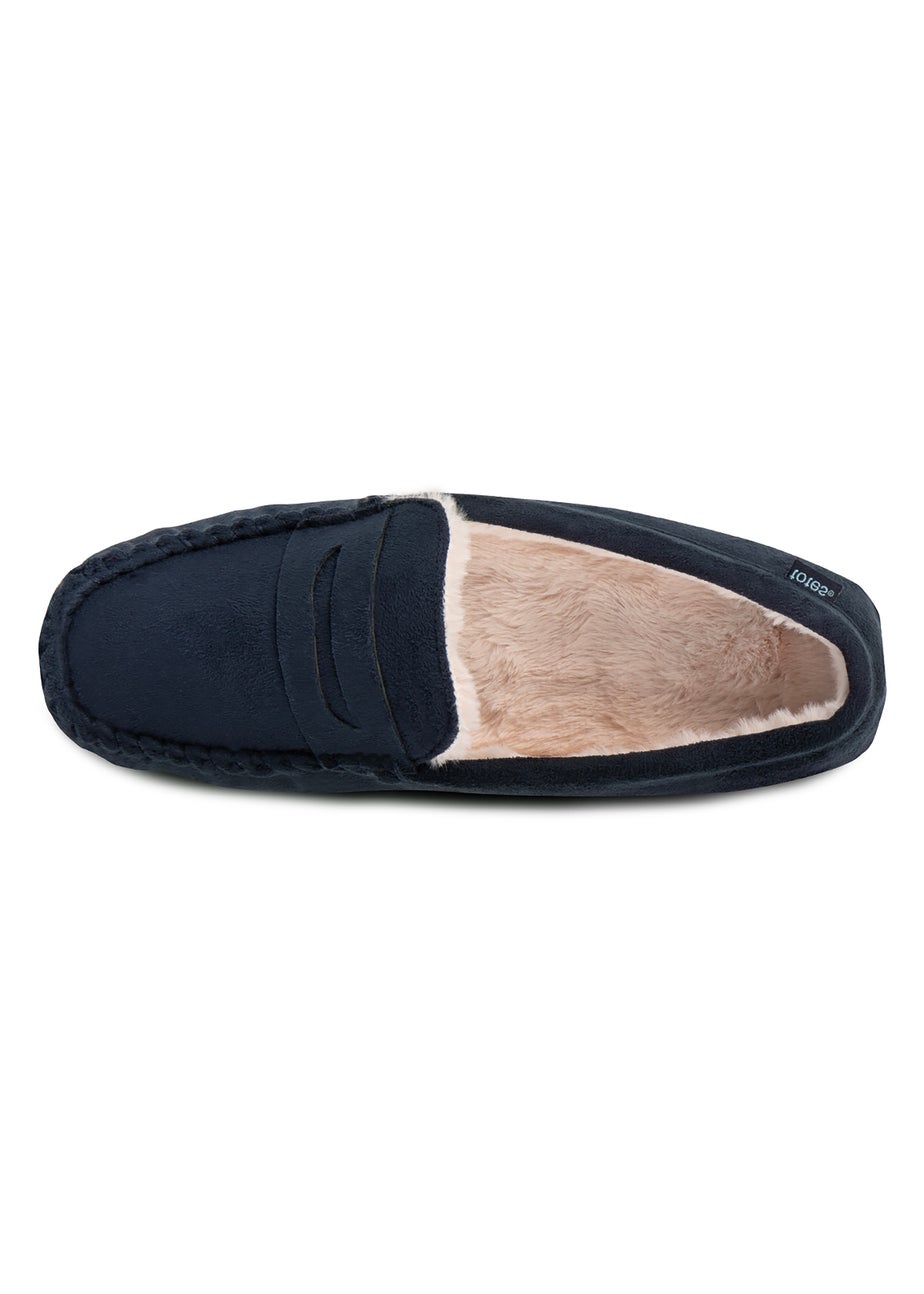 Totes Isotoner Navy Suedette Moccasin Slipper With Faux Fur Lining