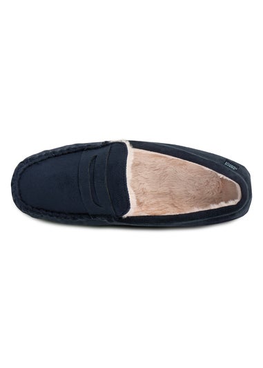 Totes Isotoner Navy Suedette Moccasin Slipper With Faux Fur Lining