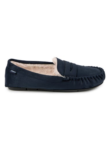 Totes Isotoner Navy Suedette Moccasin Slipper With Faux Fur Lining