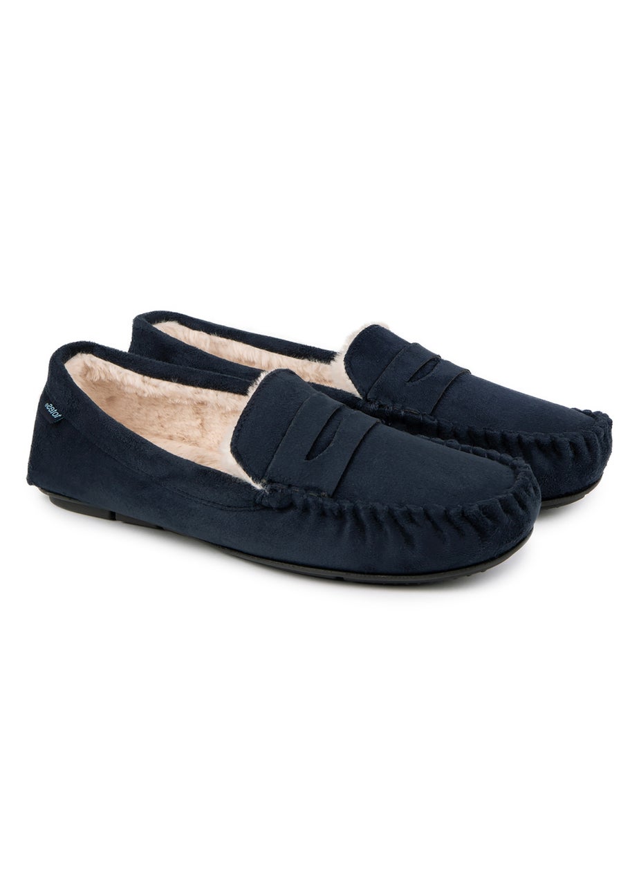 Totes Isotoner Navy Suedette Moccasin Slipper With Faux Fur Lining