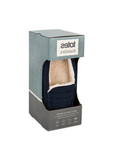 Totes Isotoner Navy Suedette Moccasin Slipper With Faux Fur Lining