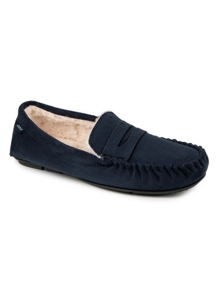 Totes Isotoner Navy Suedette Moccasin Slipper With Faux Fur Lining