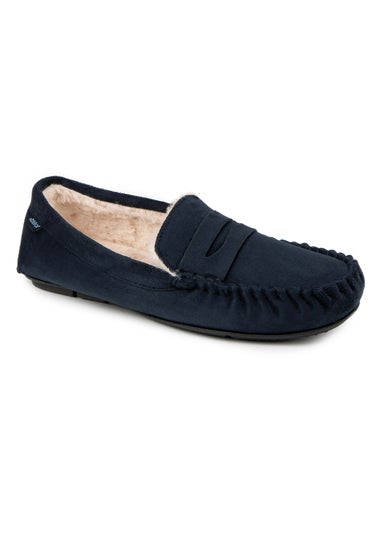 Totes Isotoner Navy Suedette Moccasin Slipper With Faux Fur Lining