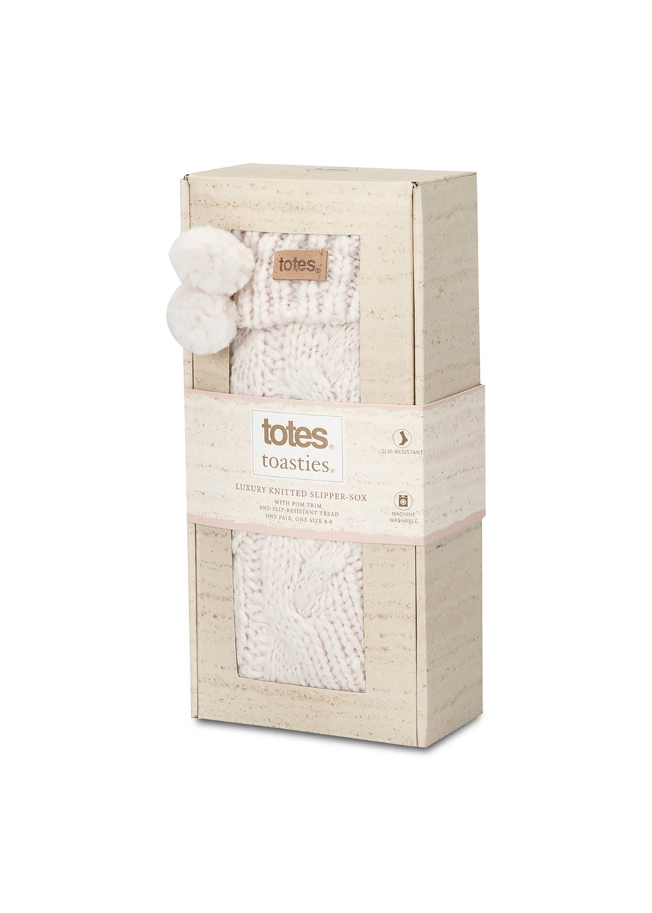 Totes Toasties Ladies Cream Luxury Chunky Knit Slipper-Sox With Tassel Trim