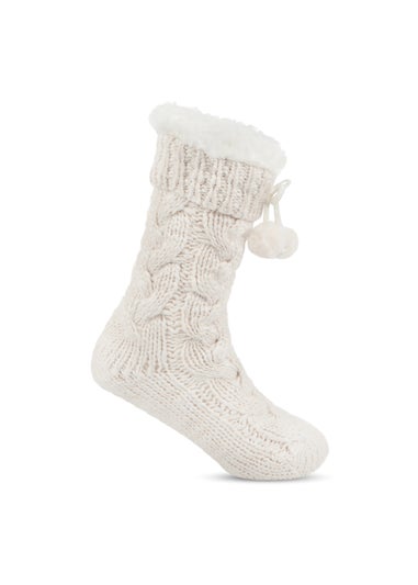 Totes Toasties Ladies Cream Luxury Chunky Knit Slipper-Sox With Tassel Trim