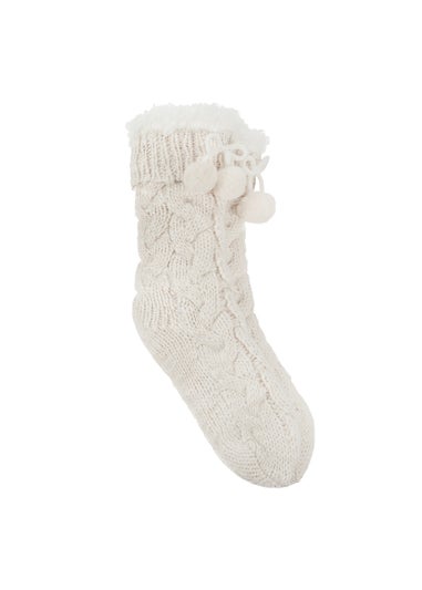 Totes Toasties Ladies Cream Luxury Chunky Knit Slipper-Sox With Tassel Trim
