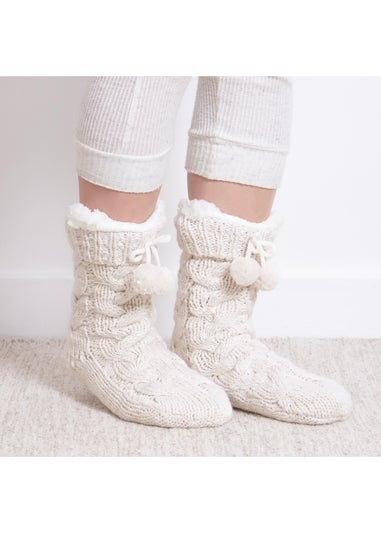 Totes Toasties Ladies Cream Luxury Chunky Knit Slipper-Sox With Tassel Trim