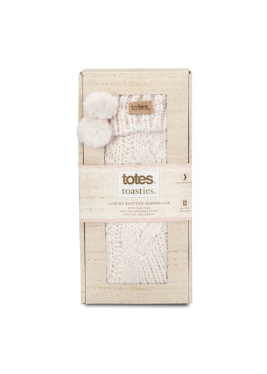 Totes Toasties Ladies Cream Luxury Chunky Knit Slipper-Sox With Tassel Trim