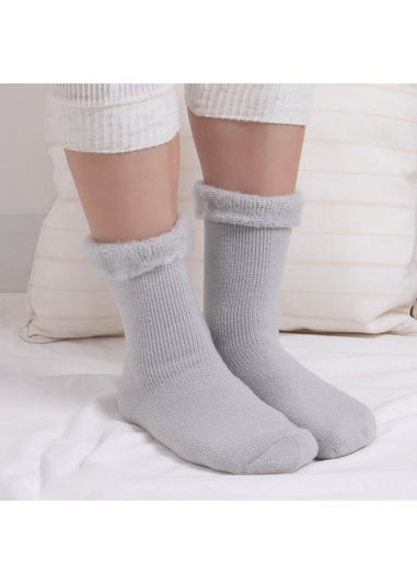 Totes Toasties Ladies Grey Premium Twin Pack Recycled Brushed Thermal Bed Sock
