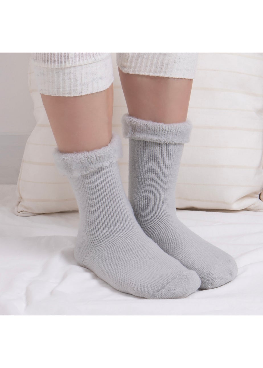 Totes Toasties Ladies Grey Premium Twin Pack Recycled Brushed Thermal Bed Sock